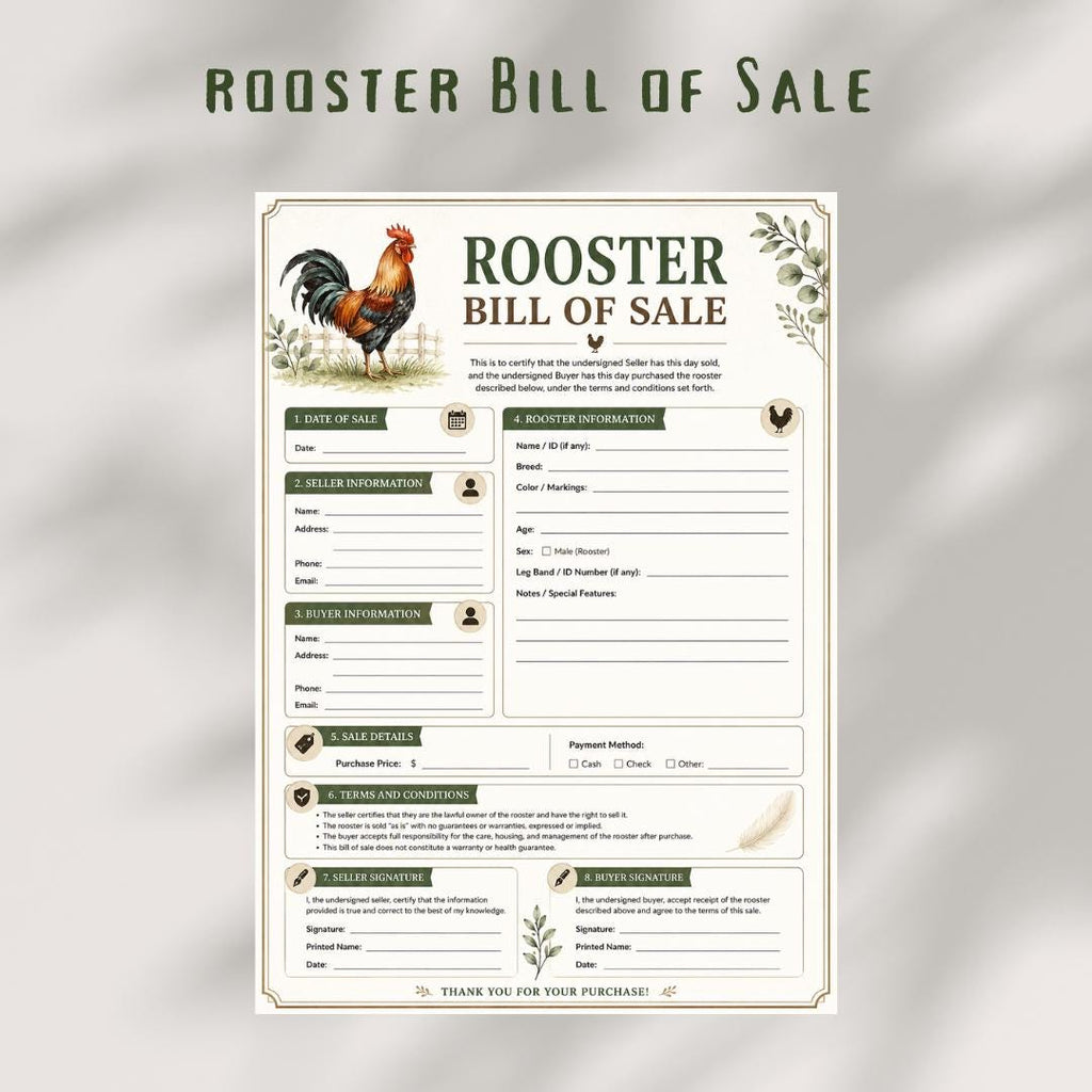 Rooster Bill of Sales, Poultry Contract (A4 PDF)