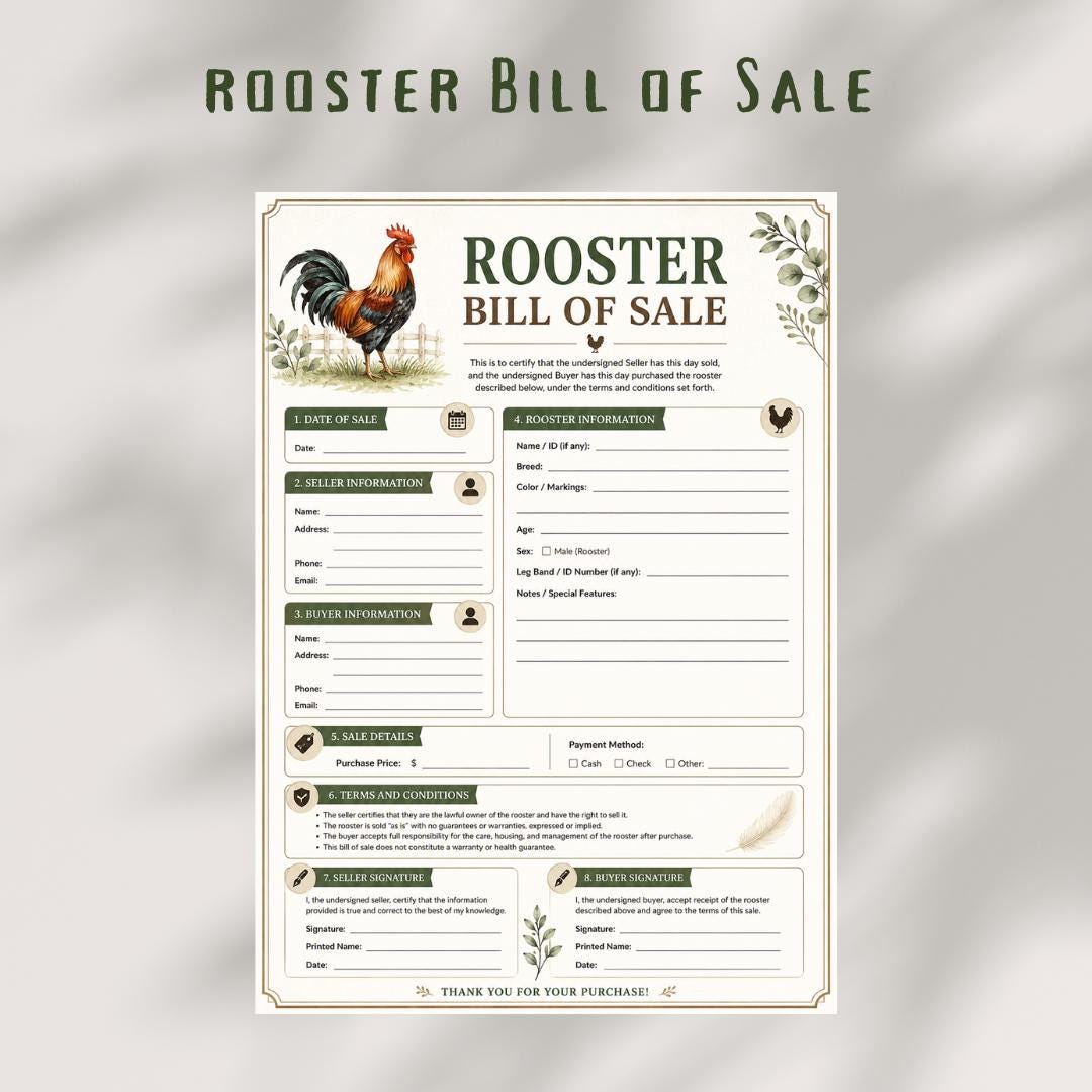 Rooster Bill of Sales, Poultry Contract (A4 PDF)