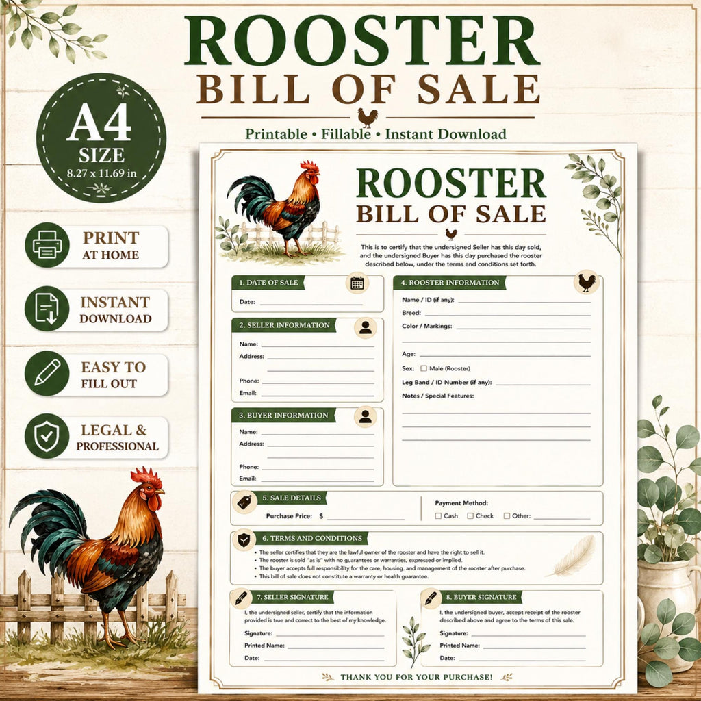 Rooster Bill of Sales, Poultry Contract (A4 PDF)