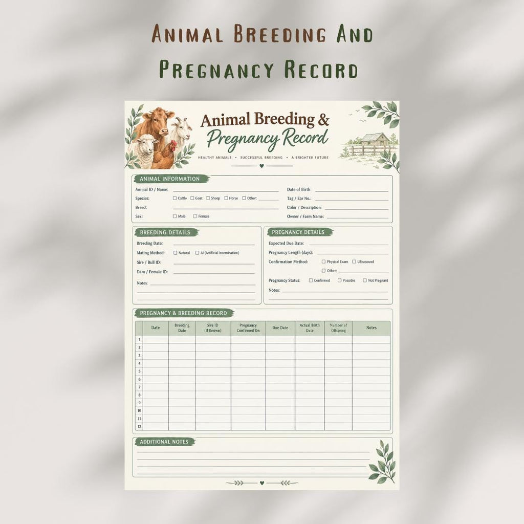 Farm Animal Breeding & Pregnancy Record | A4 Printable Livestock Tracker (PDF)