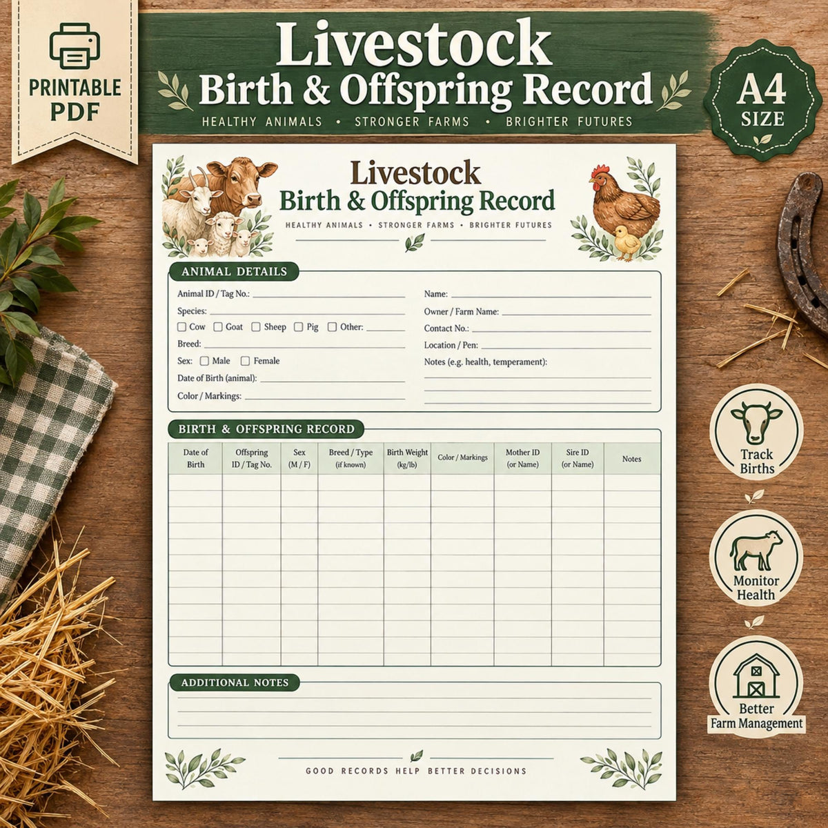 Livestock Birth & Offspring Record, Farm Breeding Log (A4 Printable PDF)
