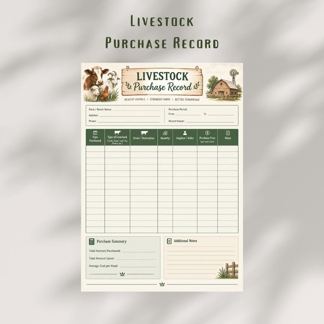 Farm Livestock Purchase Record | A4 Animal Purchase Log (PDF)