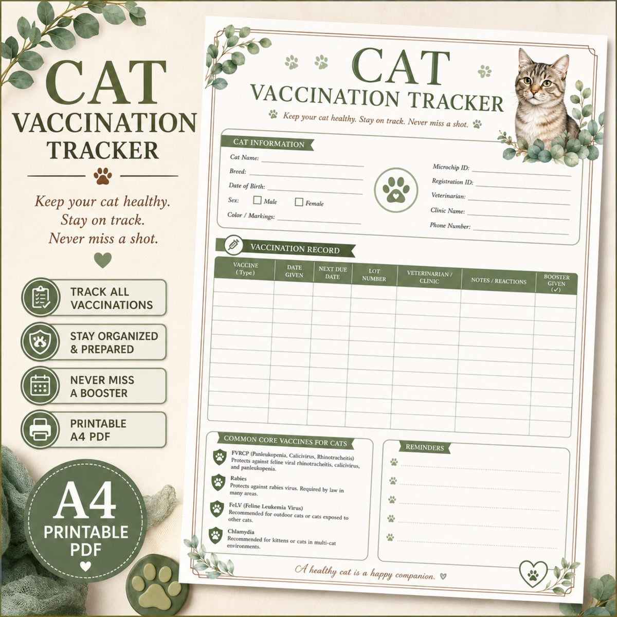 Cat Vaccine Record, A4 Printable PDF with Booster Tracking