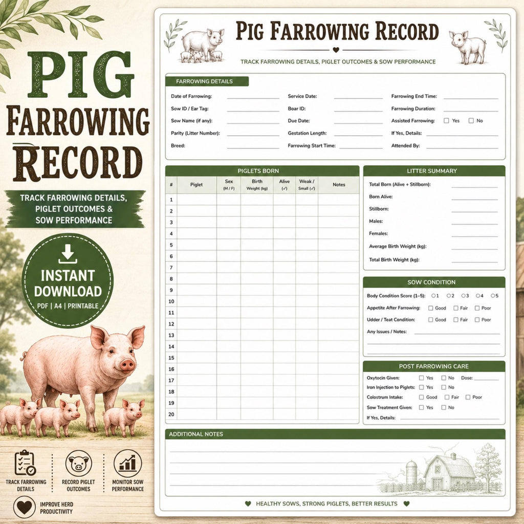 Pig Farrowing Record, A4 Printable PDF Swine Breeding Log