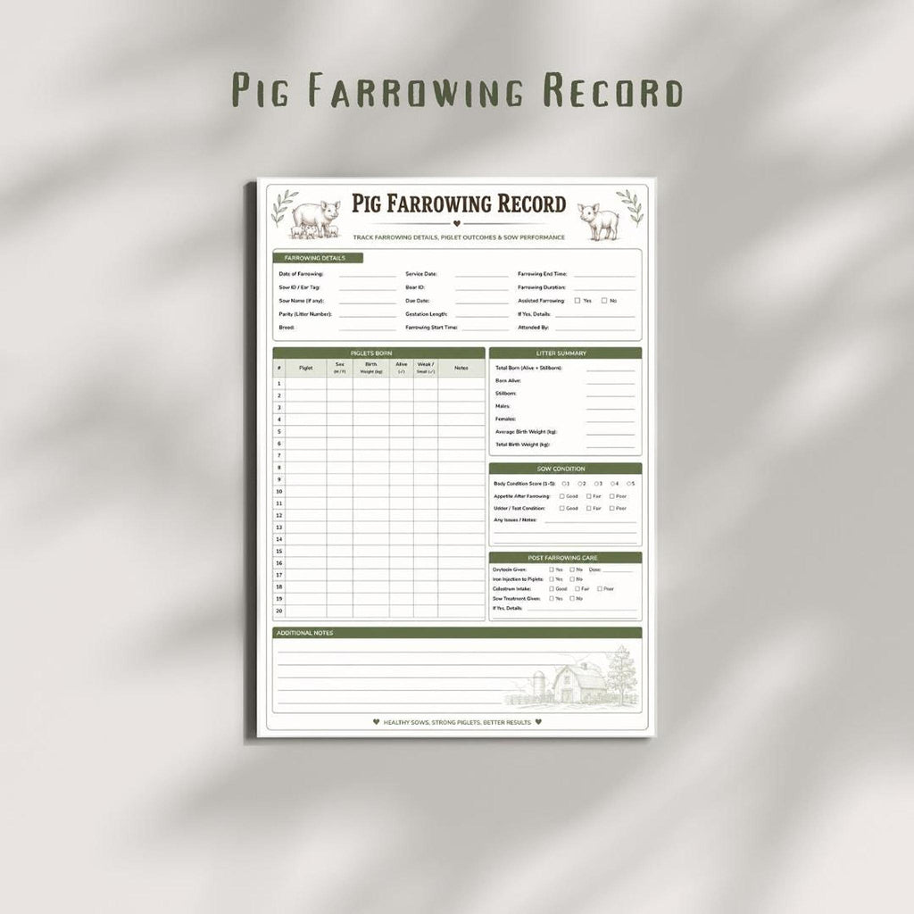 Pig Farrowing Record, A4 Printable PDF Swine Breeding Log