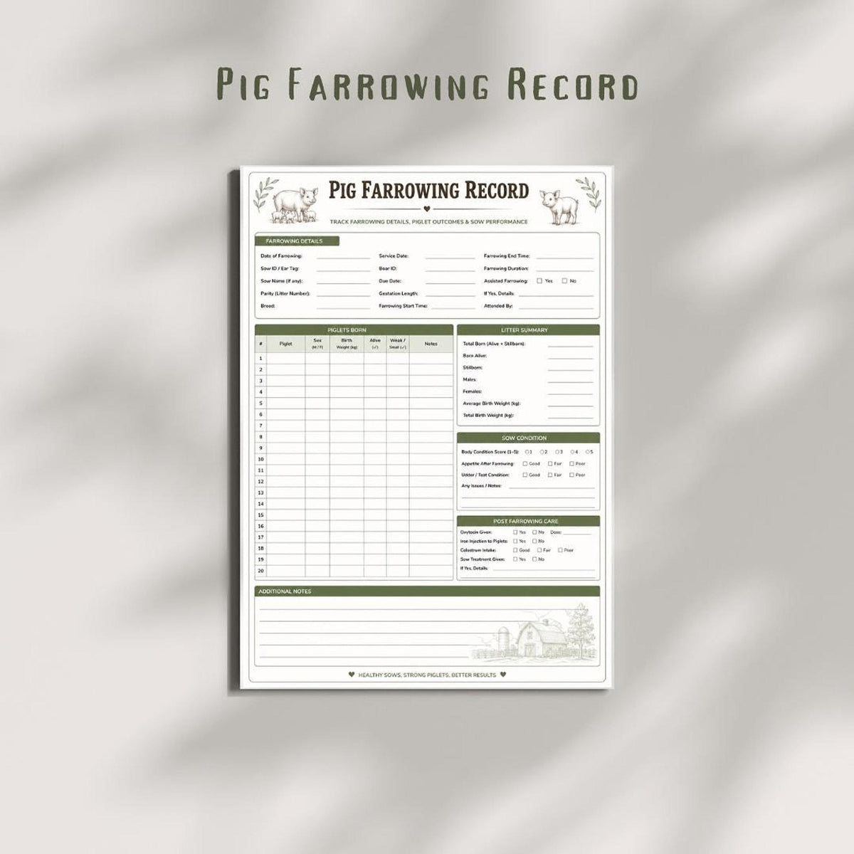 Pig Farrowing Record, A4 Printable PDF Swine Breeding Log