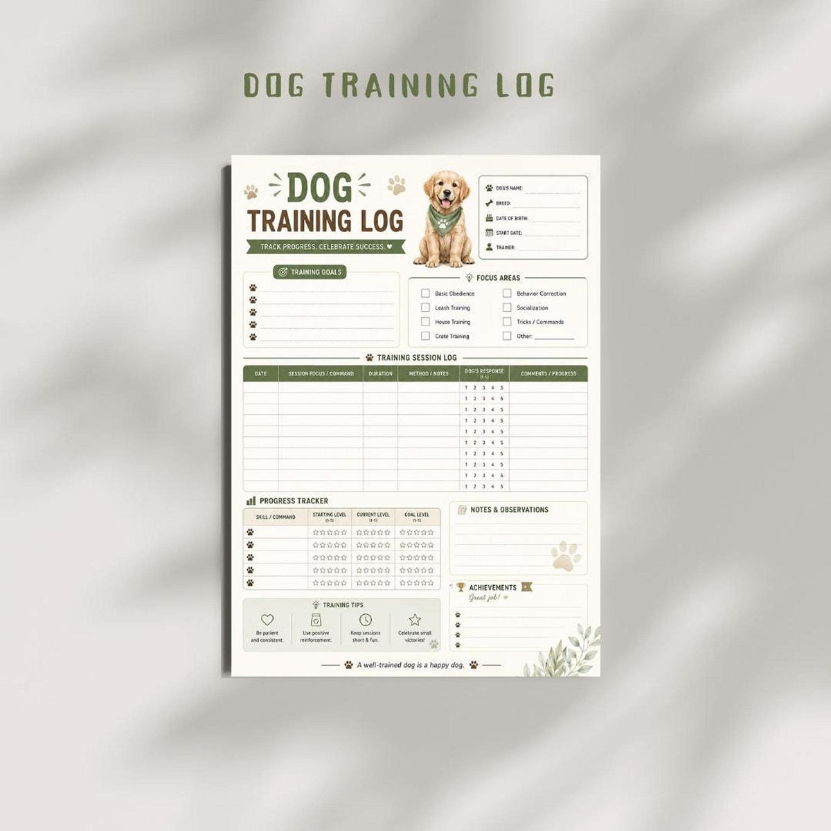 Dog Training Log, A4 Printable PDF Planner with 3 Pages