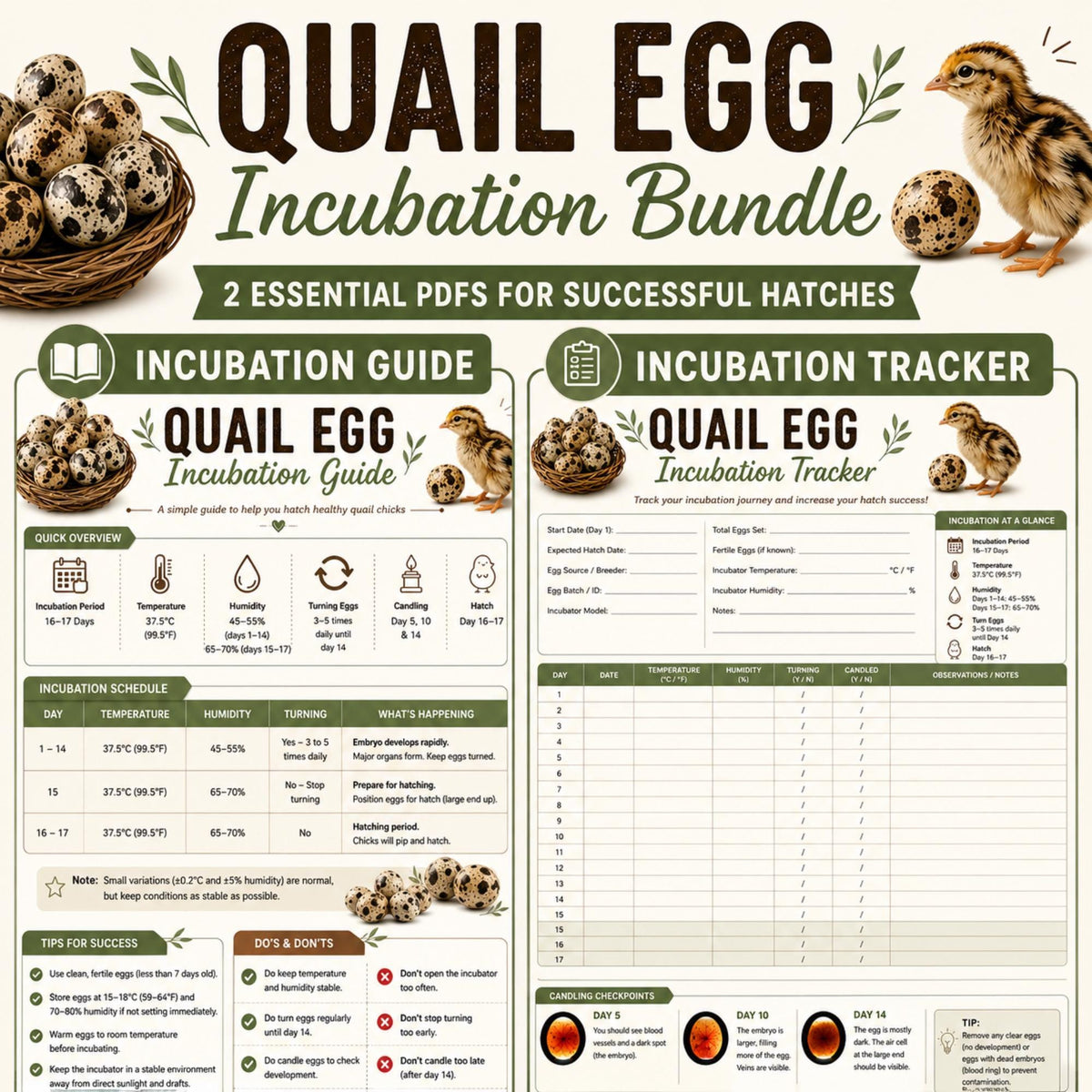 Quail Incubation Guide And Tracker, A4 Printable PDF Bundle