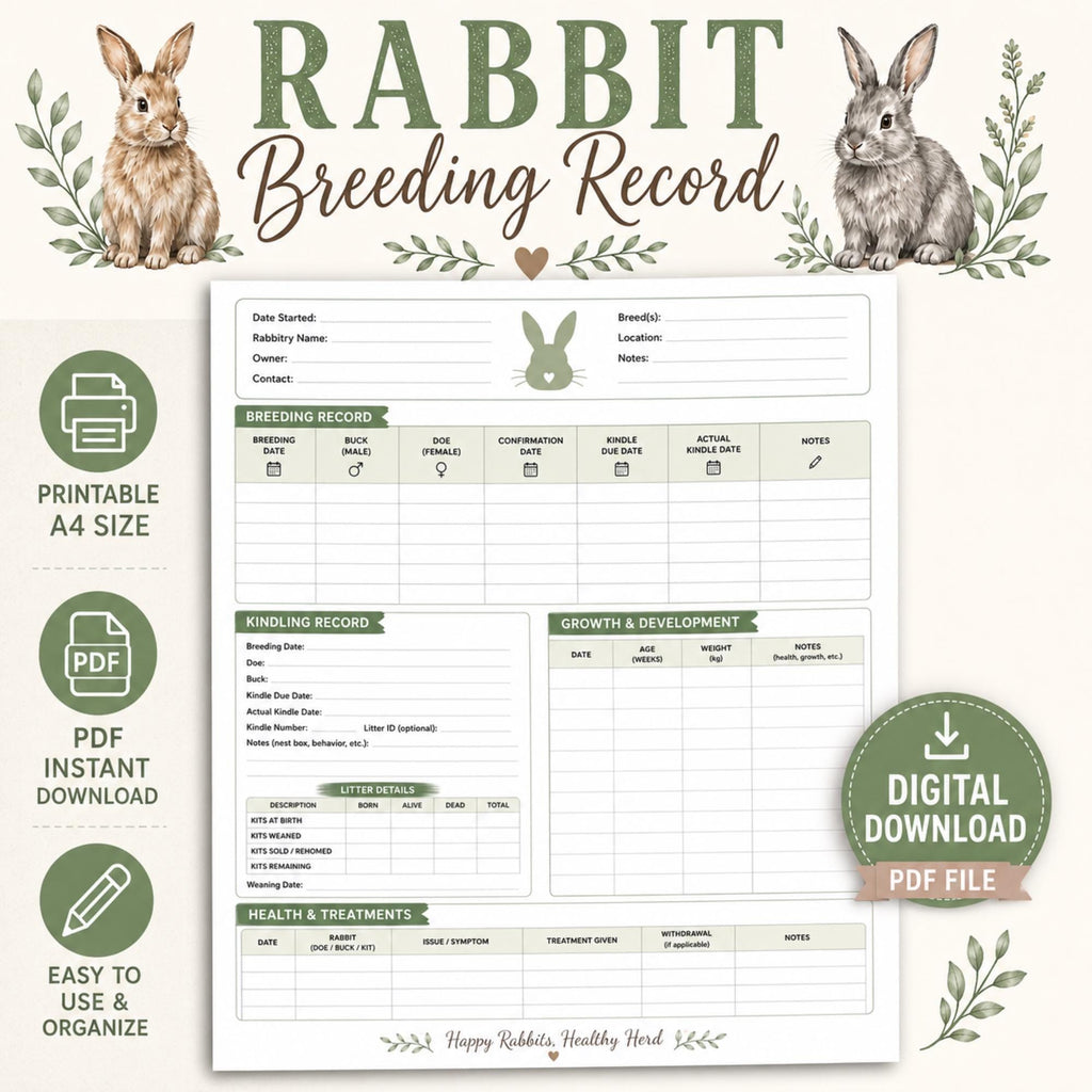 Rabbit Breeding Printable PDF, A4 Kindling Tracker and Rabbitry Record