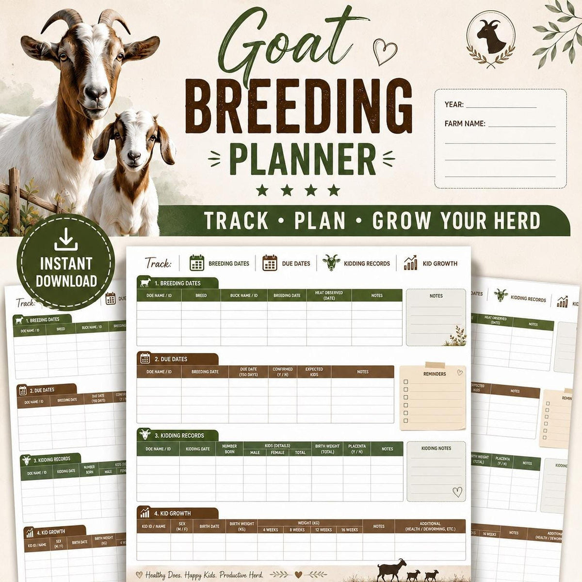 Goat Breeding Planner, Printable PDF with Kidding Records and Kid Growth Chart