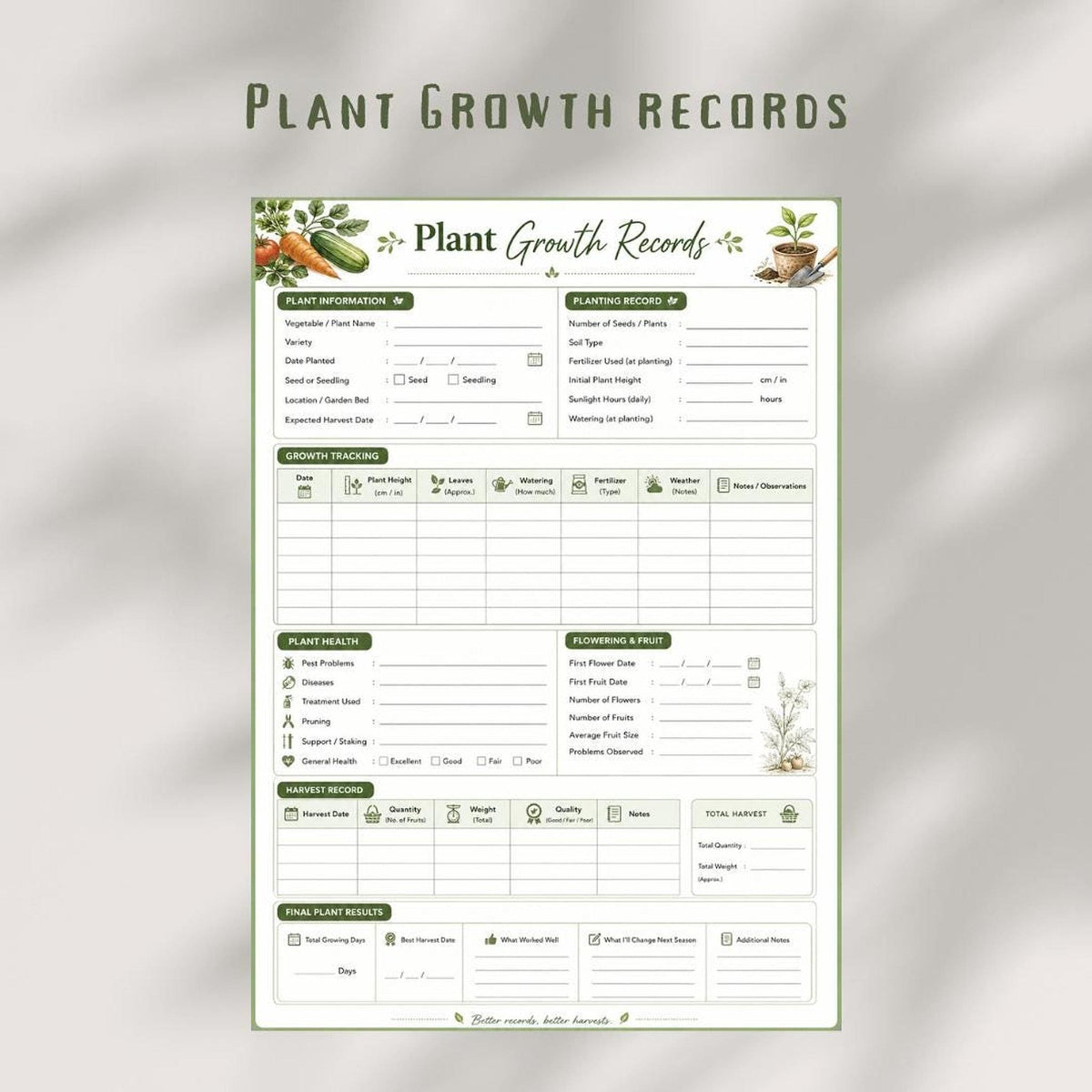Vegetable Garden Log, A4 Printable Plant Growth Tracker And Harvest Record