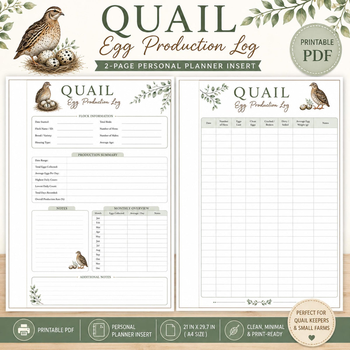 Quail Egg Log, A4 Printable PDF Farm Planner Insert