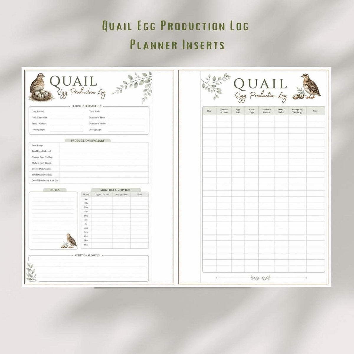 Quail Egg Log, A4 Printable PDF Farm Planner Insert