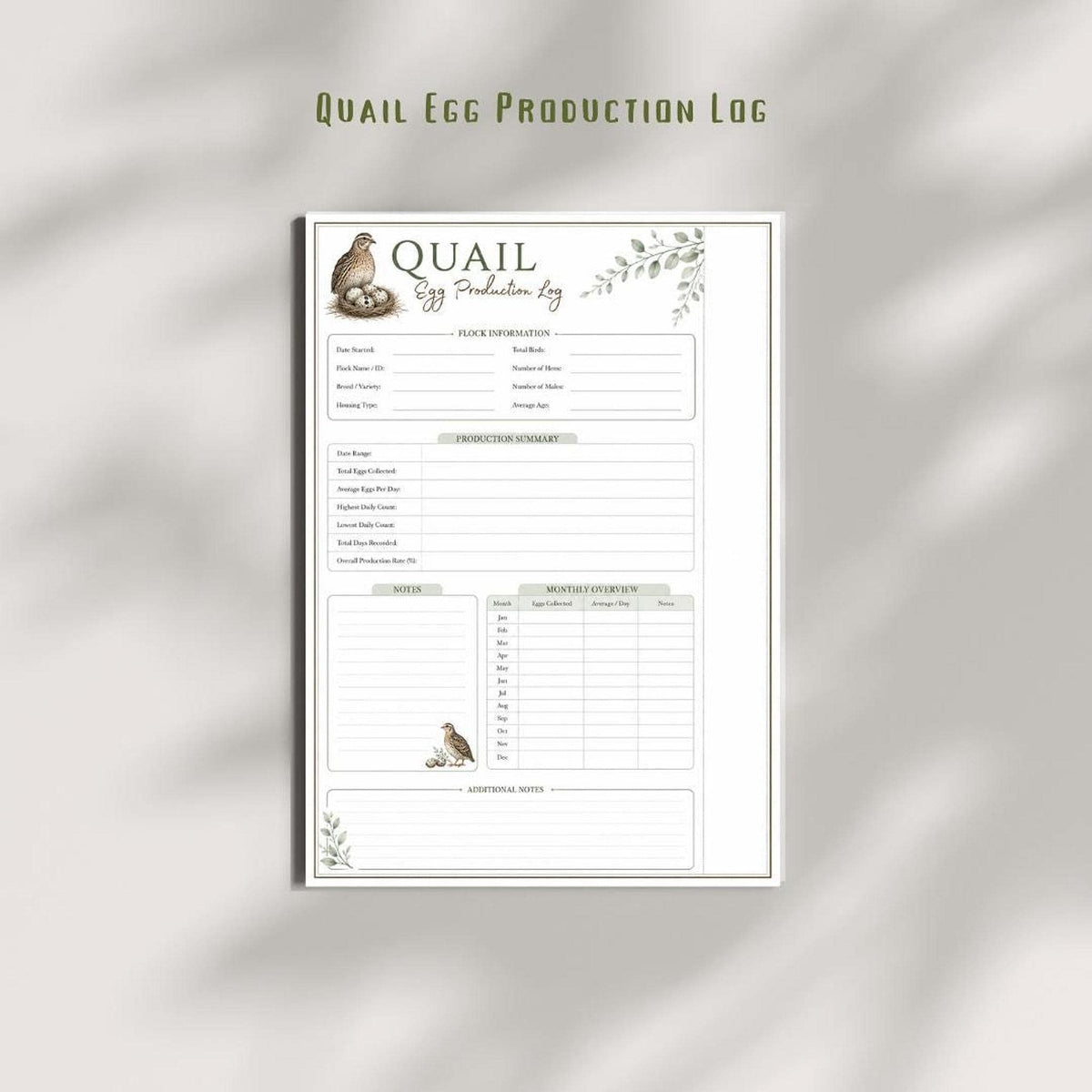 Quail Egg Log, A4 Printable PDF Farm Planner Insert