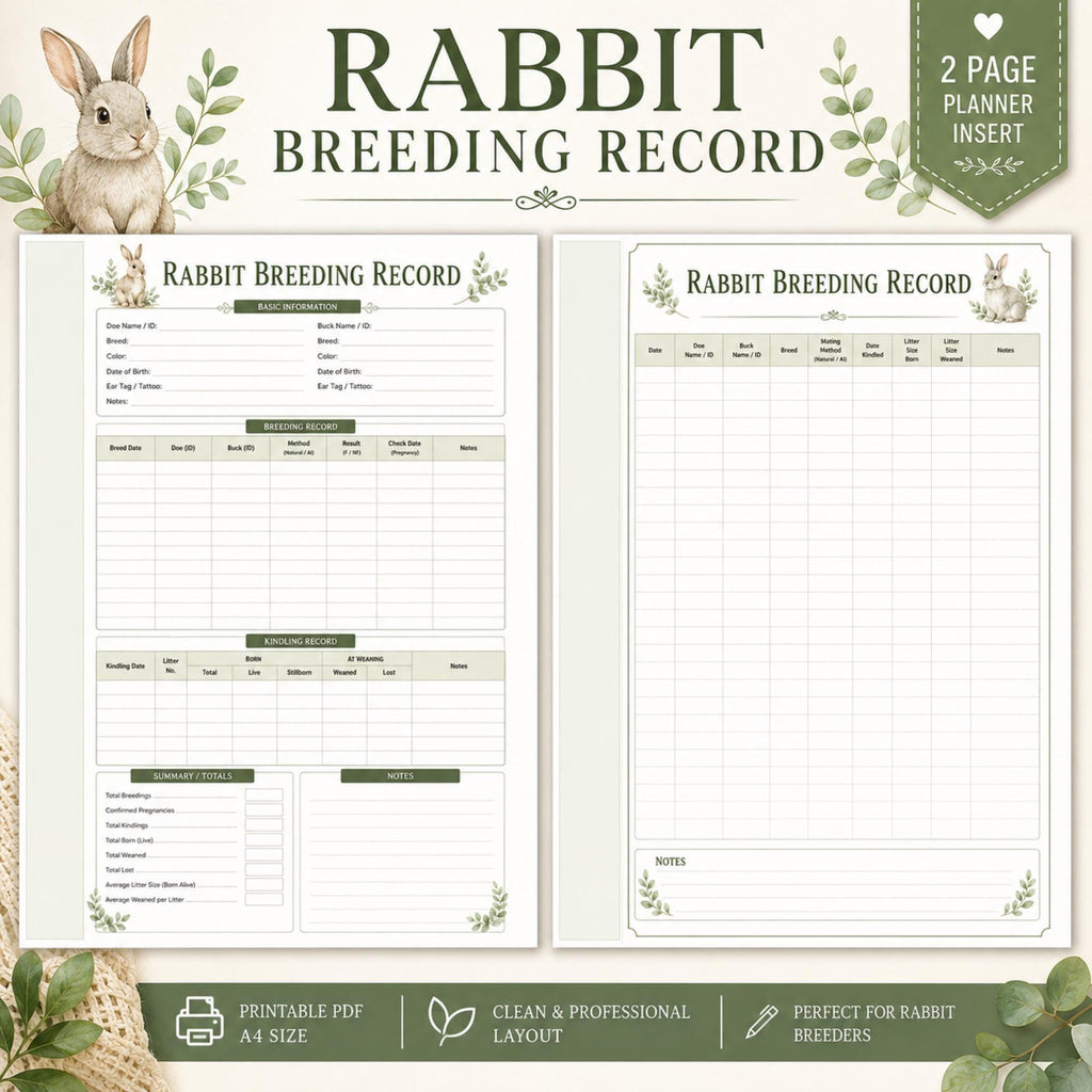 Rabbit Breeding Record, A4 Printable PDF Breeder Log
