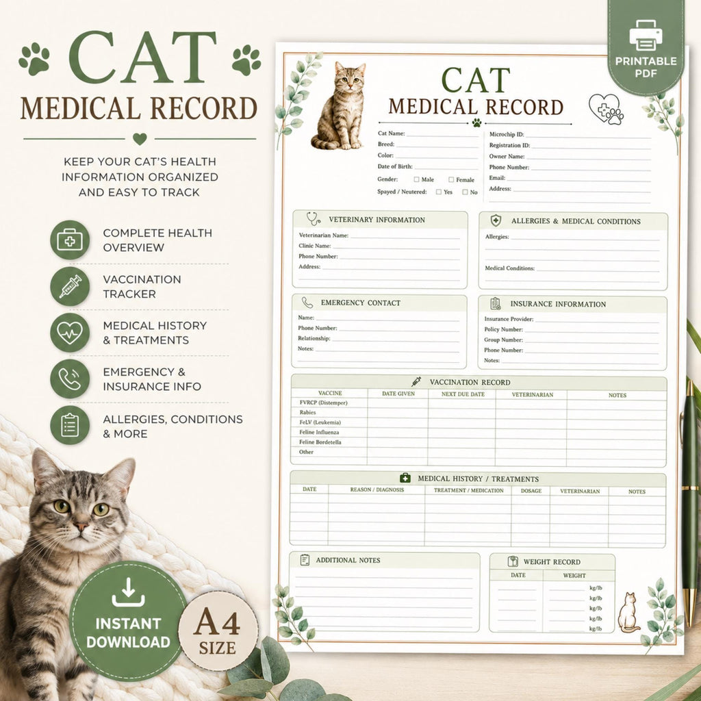 Cat Medical Record Printable, A4 Veterinary Health Tracker PDF