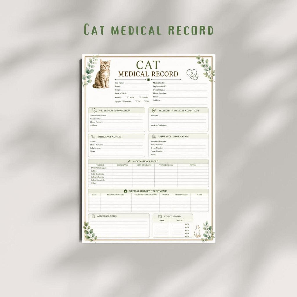 Cat Medical Record Printable, A4 Veterinary Health Tracker PDF