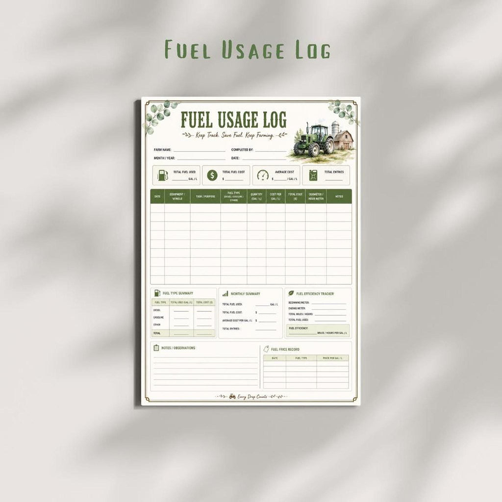 Farm Fuel Log Printable, A4 PDF Equipment Expense Tracker