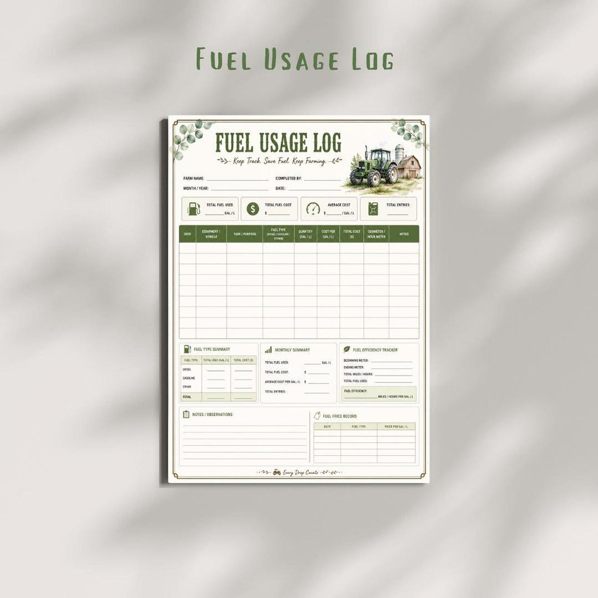 Farm Fuel Log Printable, A4 PDF Equipment Expense Tracker