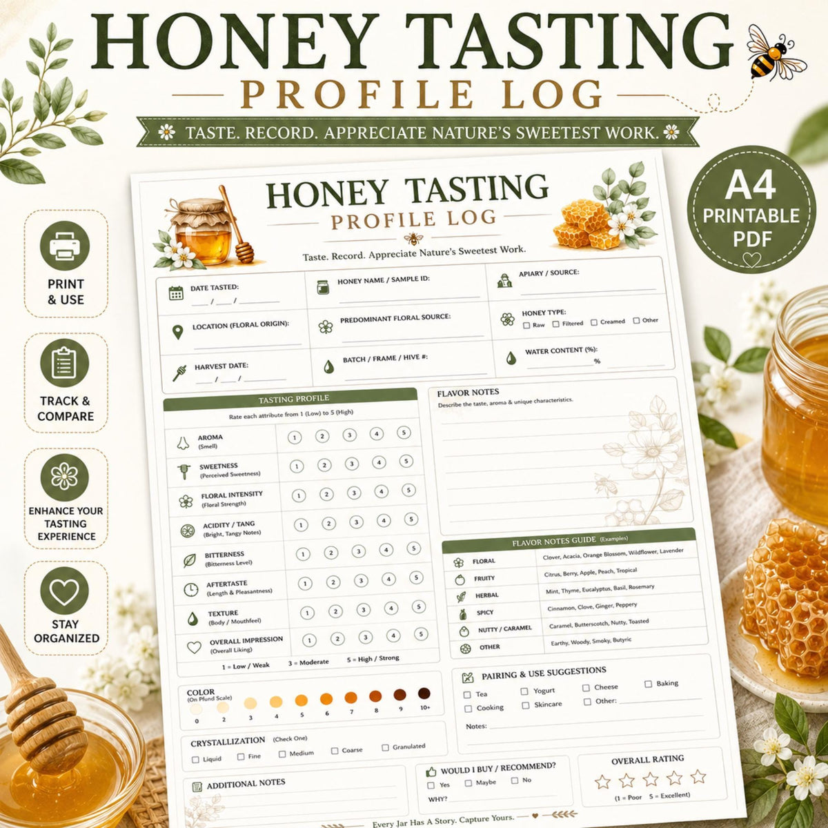 Honey Tasting Log, A4 Printable PDF Flavor Notes Journal
