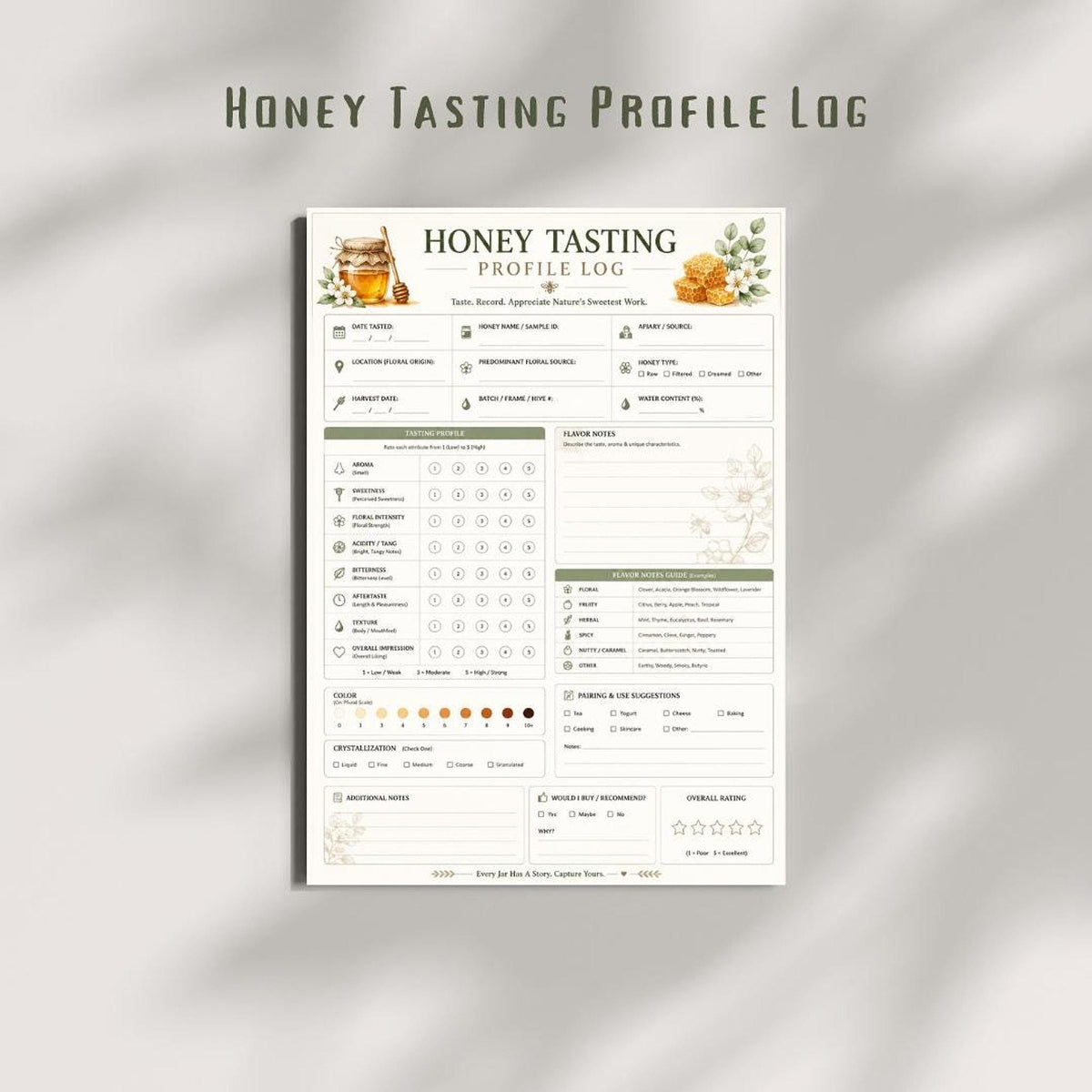 Honey Tasting Log, A4 Printable PDF Flavor Notes Journal