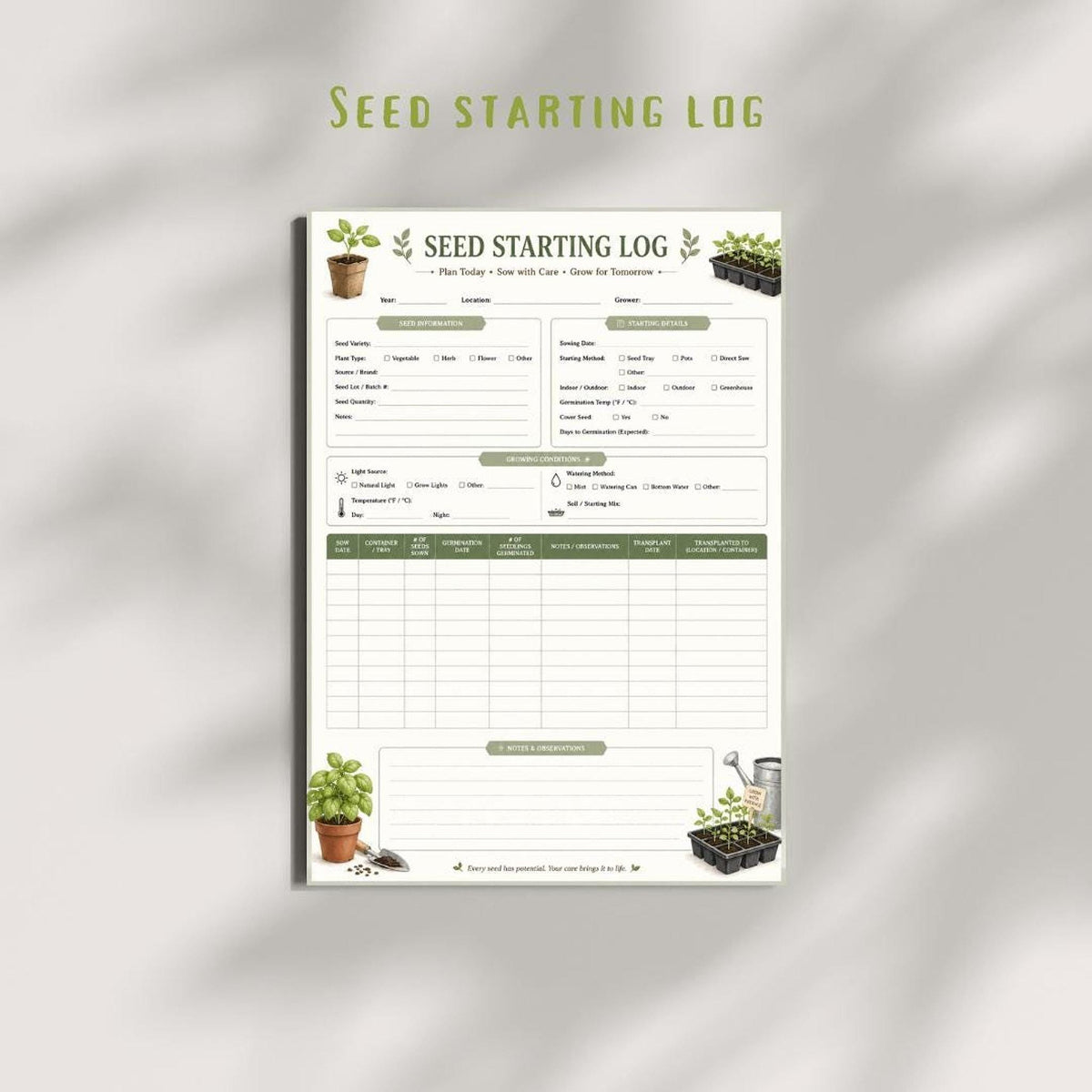 Seed Starting Log, A4 Printable PDF Garden Record Journal