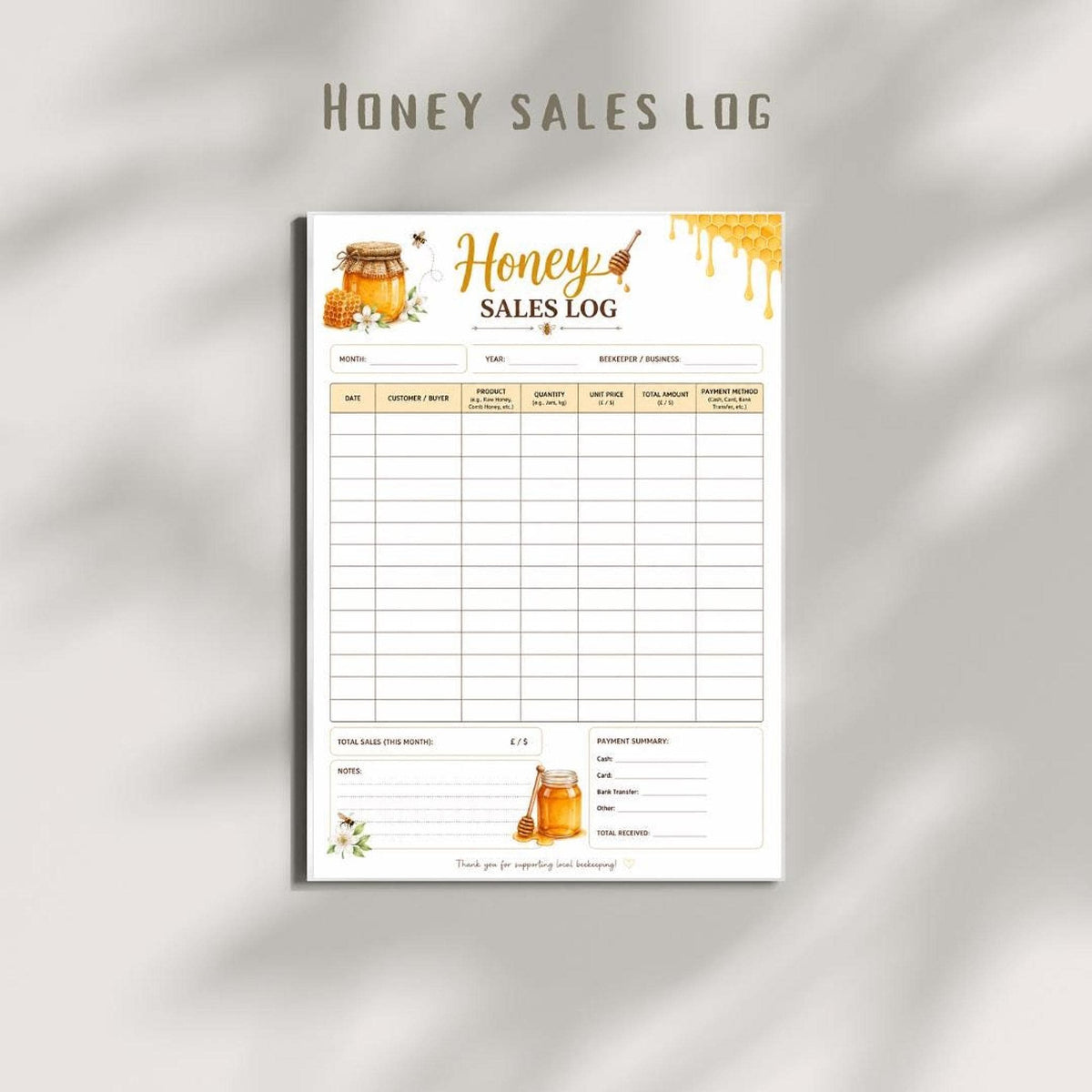Honey Sales Log Printable, Beekeeping Tracker PDF, Digital Log
