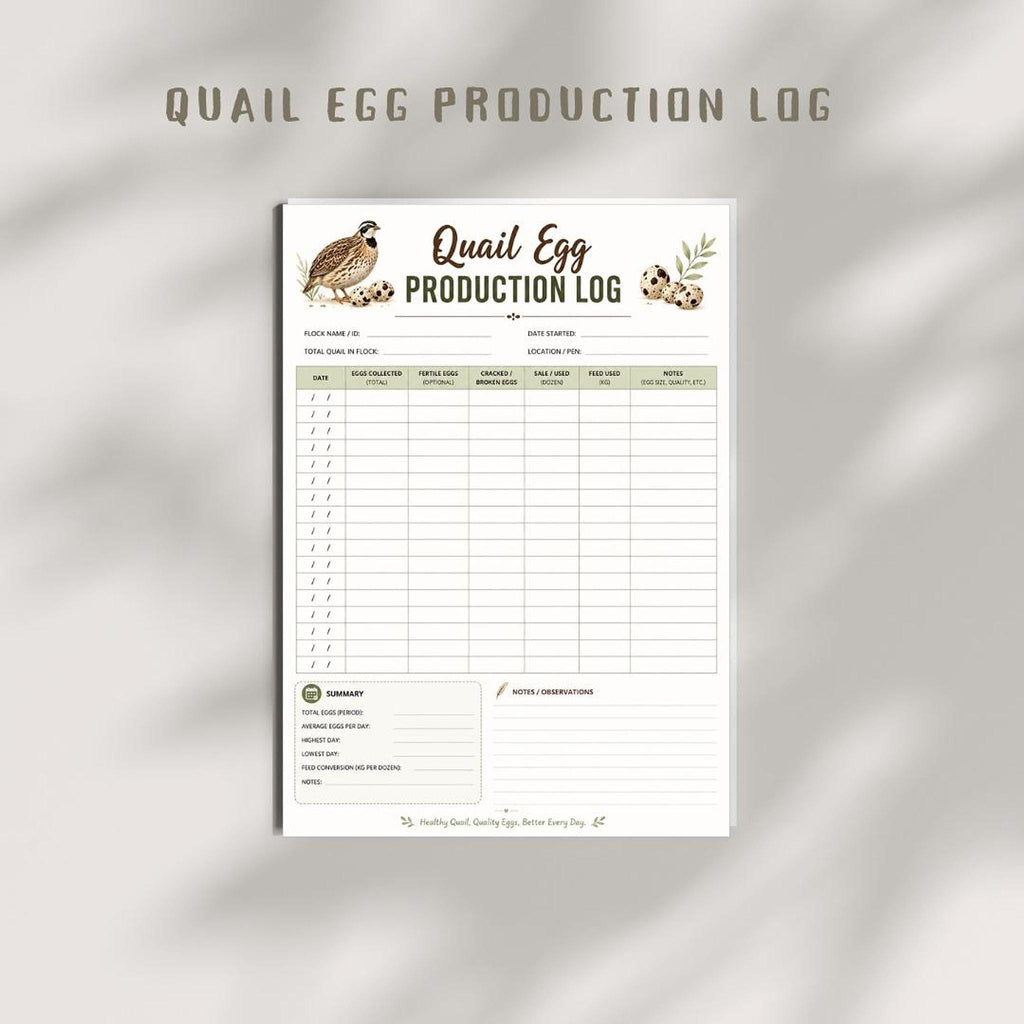 Quail Egg Log, A4 Printable PDF Farm Record Sheet