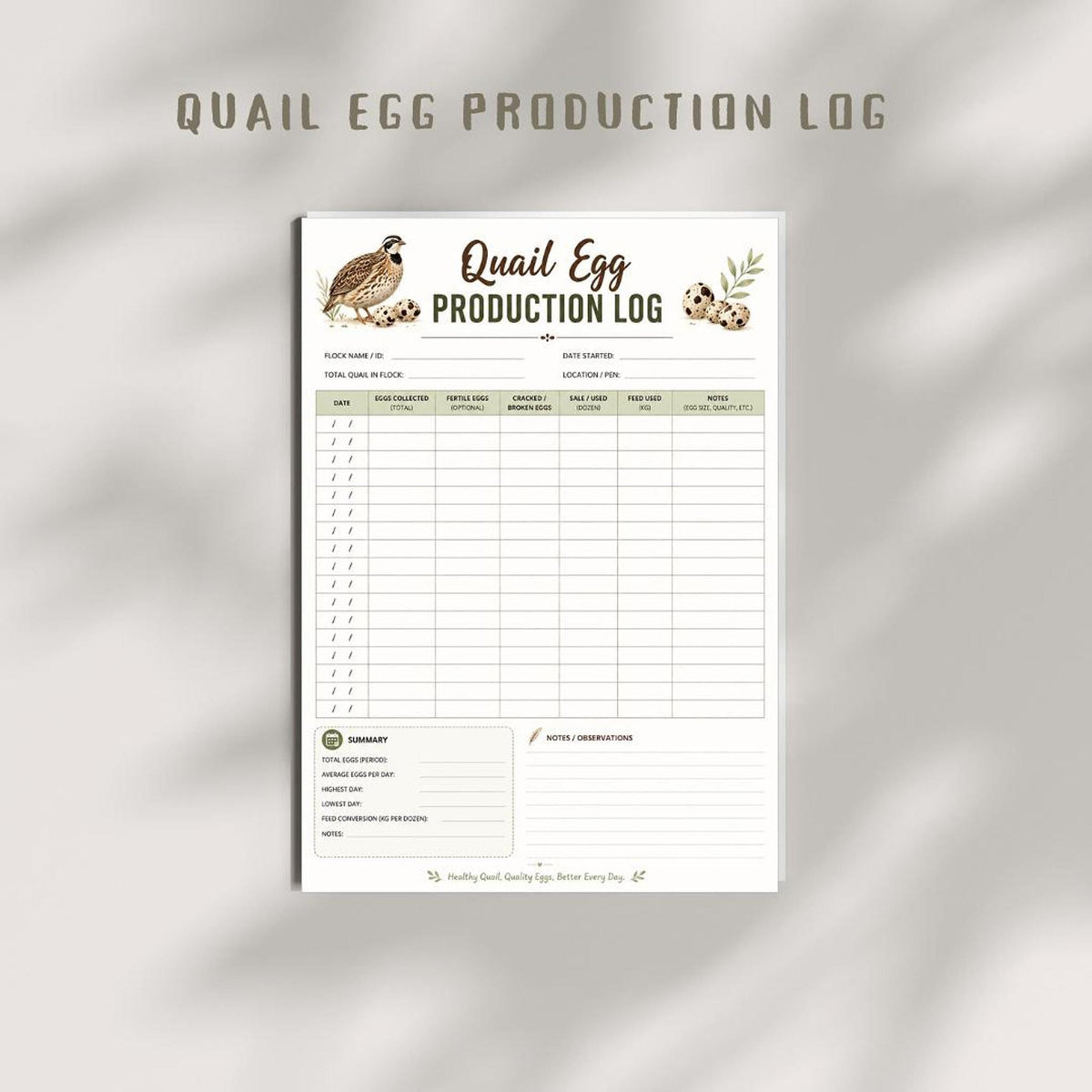 Quail Egg Log, A4 Printable PDF Farm Record Sheet