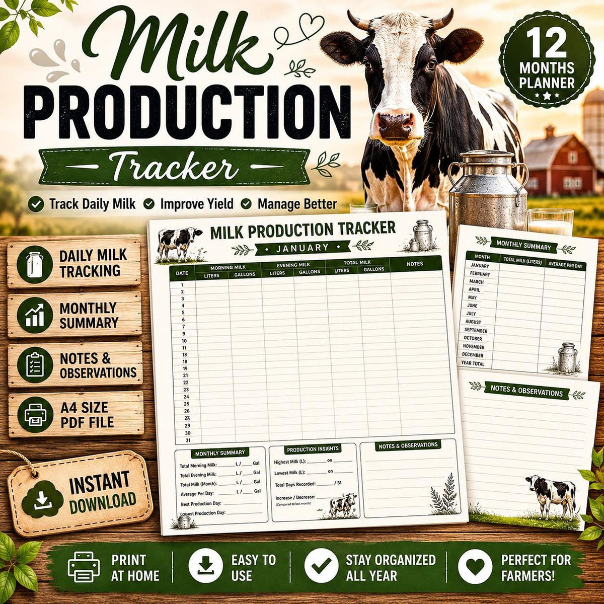 Dairy Farm Bundle, Printable PDF Planner With Milk Tracker