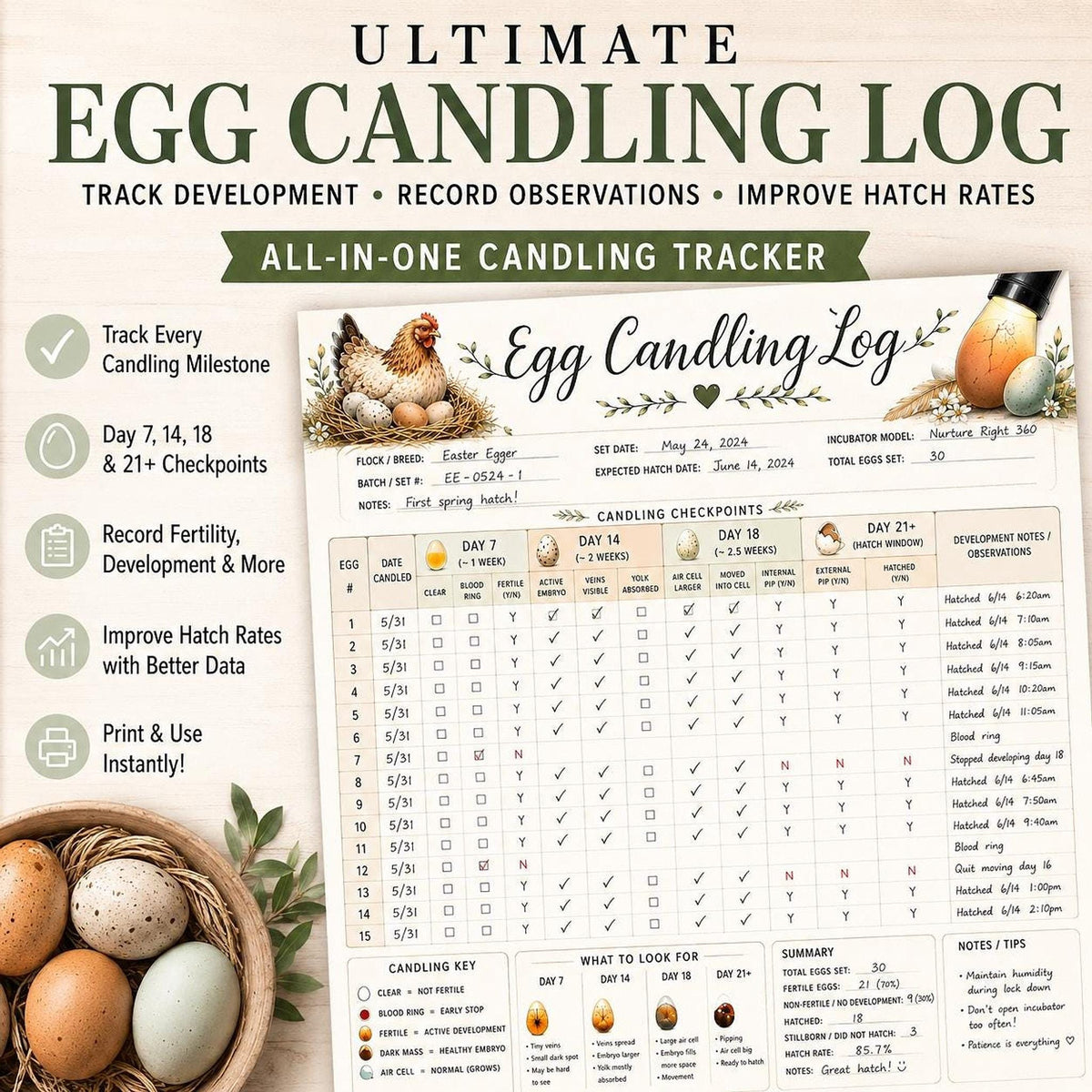 Egg Incubation Bundle, Printable PDF Hatchery Tracker and Guide