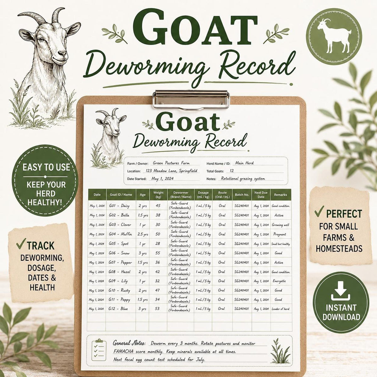 Goat Deworming Record, Printable PDF Farm Log for Treatment Tracking