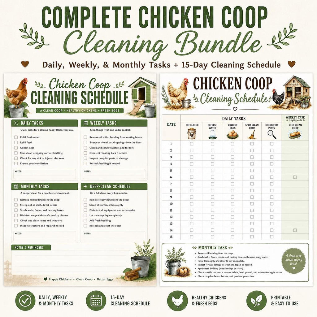 Chicken Coop Cleaning Checklist, Printable Poultry Tracker with 15-Day Schedule