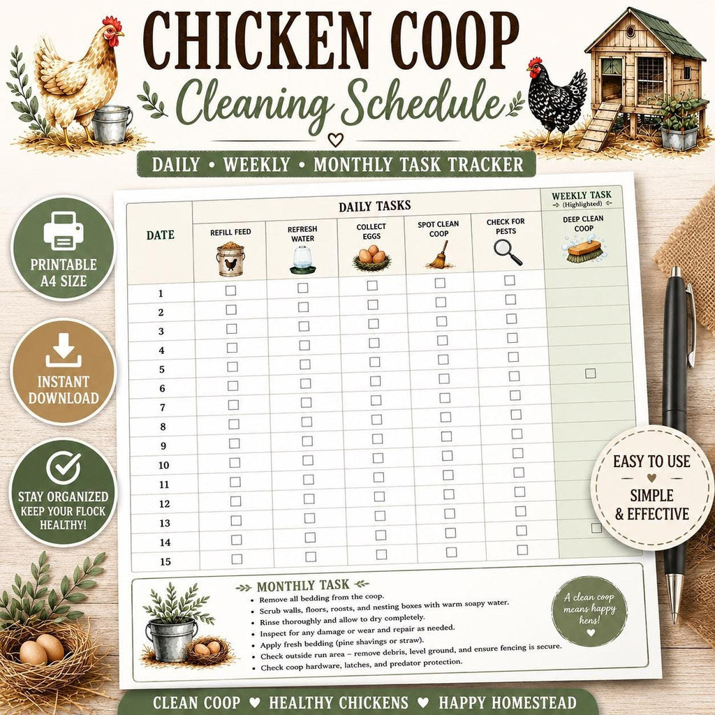 Chicken Coop Cleaning Checklist, Printable Poultry Tracker with 15-Day Schedule