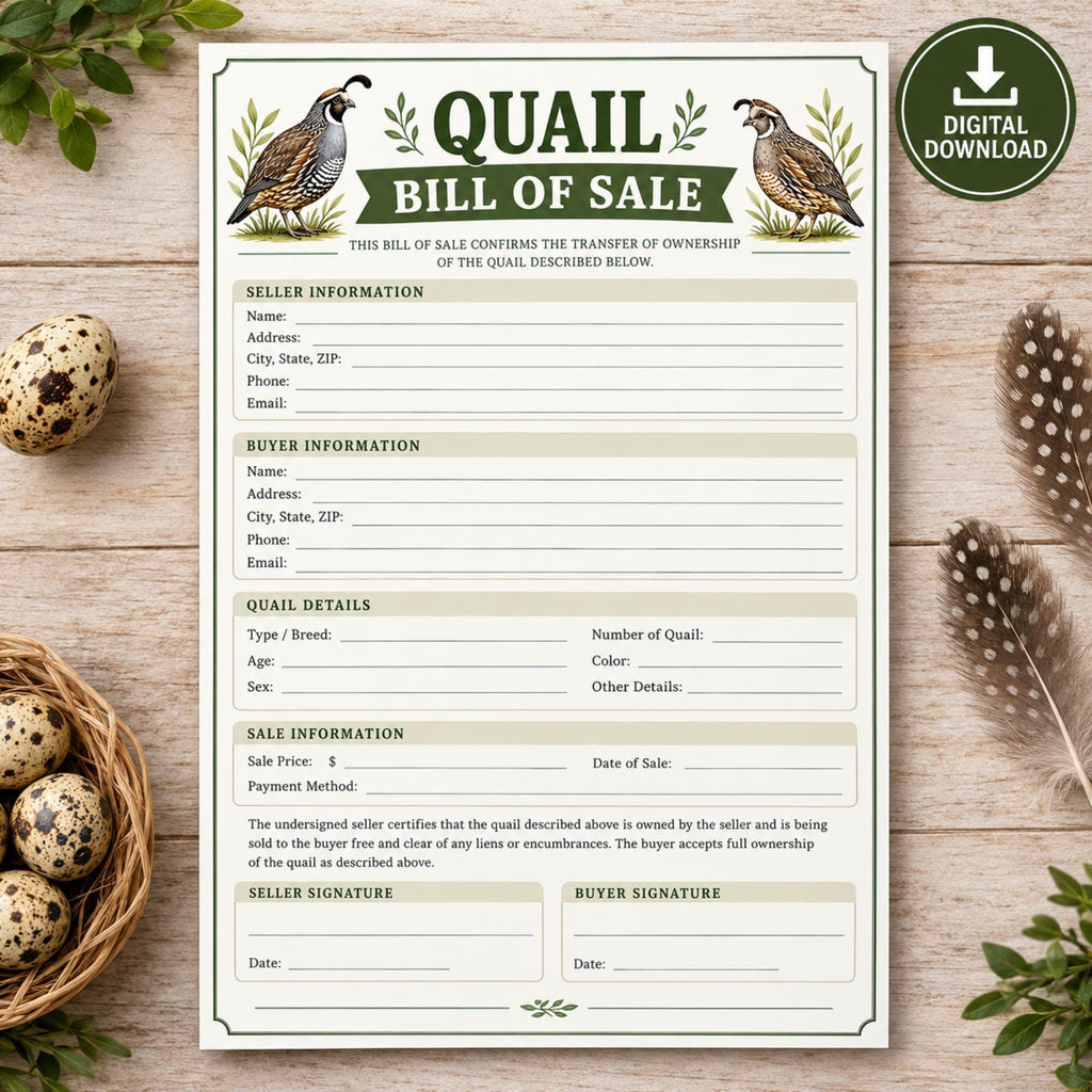 Quail Bill Of Sales, Printable Bird Transfer Form Digital Download