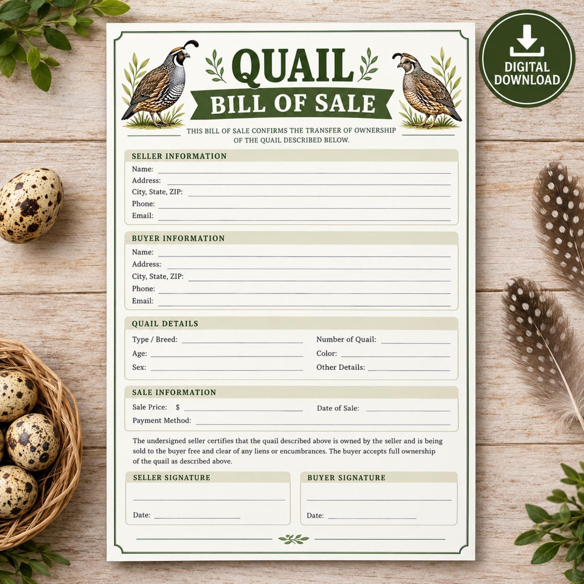 Quail Bill Of Sales, Printable Bird Transfer Form Digital Download