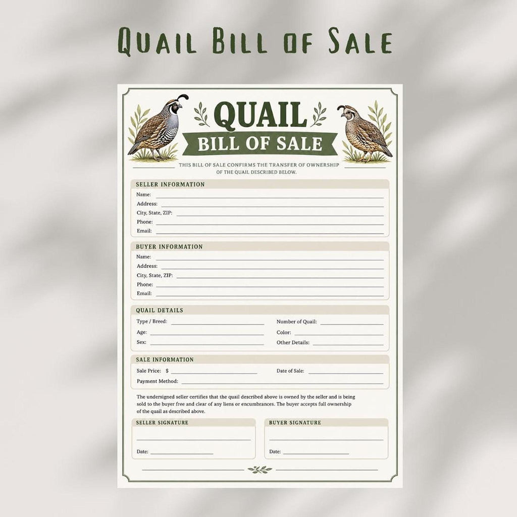Quail Bill Of Sales, Printable Bird Transfer Form Digital Download