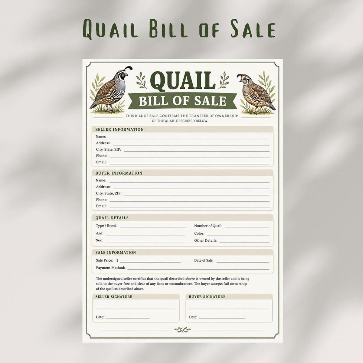 Quail Bill Of Sales, Printable Bird Transfer Form Digital Download