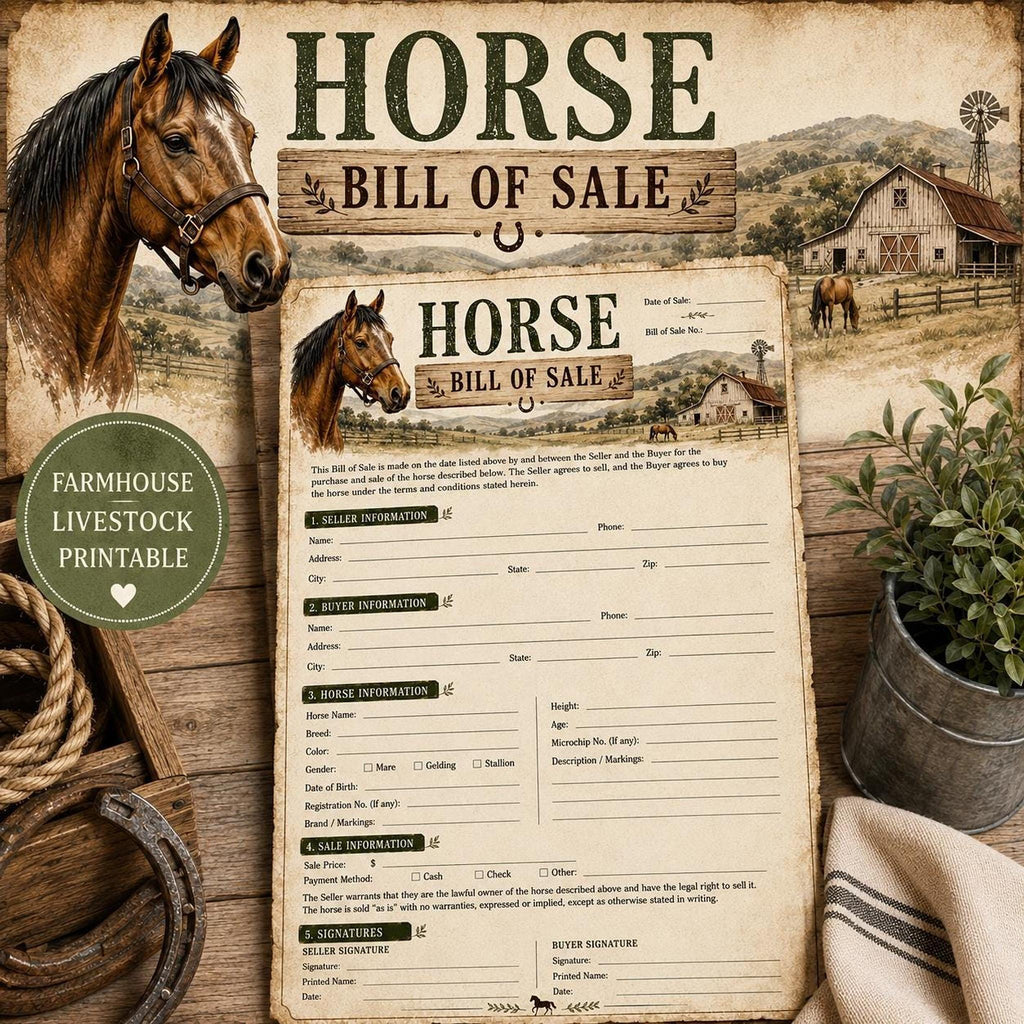 Horse Bill of Sales, A4 PDF Farm Form in Rustic Farmhouse Design