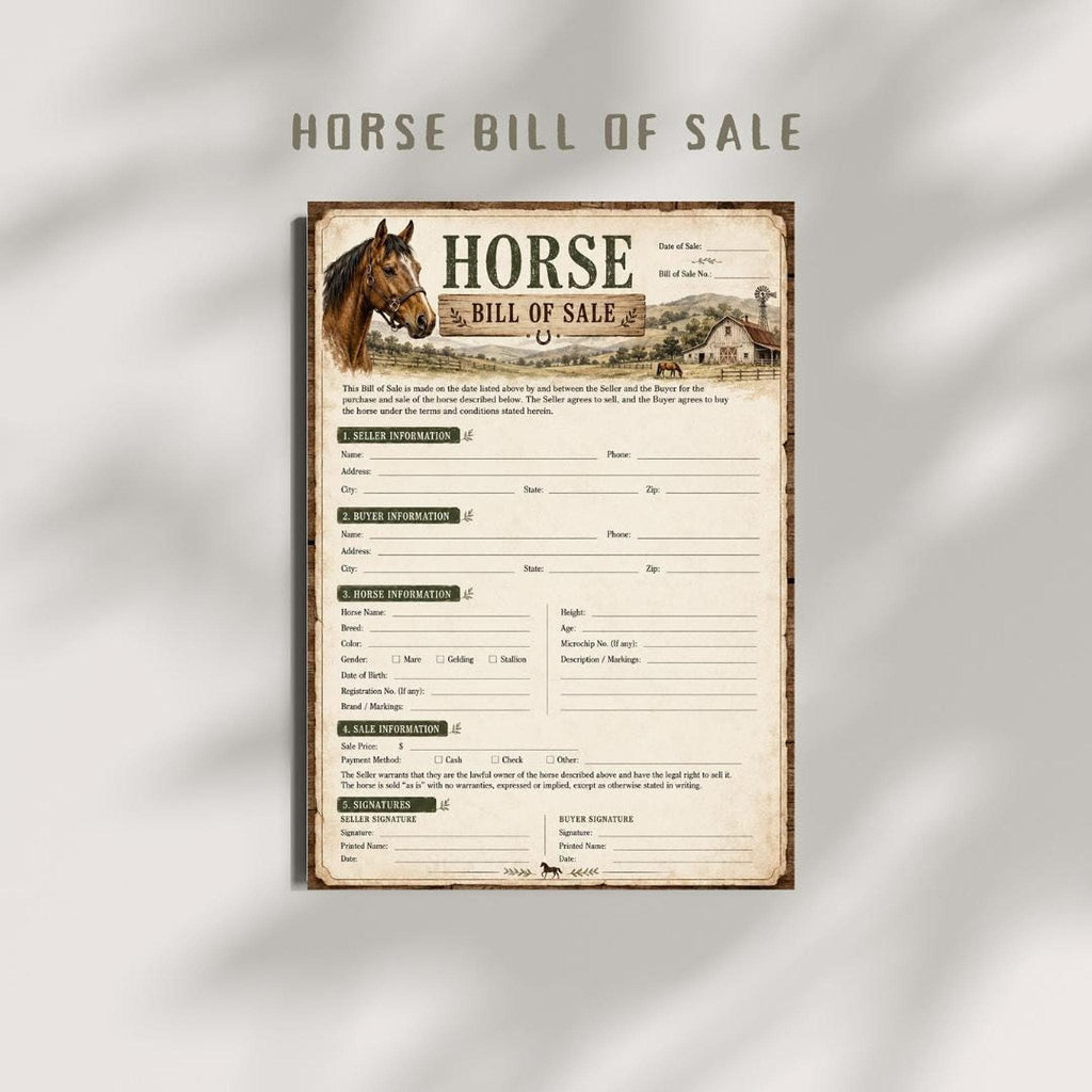 Horse Bill of Sales, A4 PDF Farm Form in Rustic Farmhouse Design