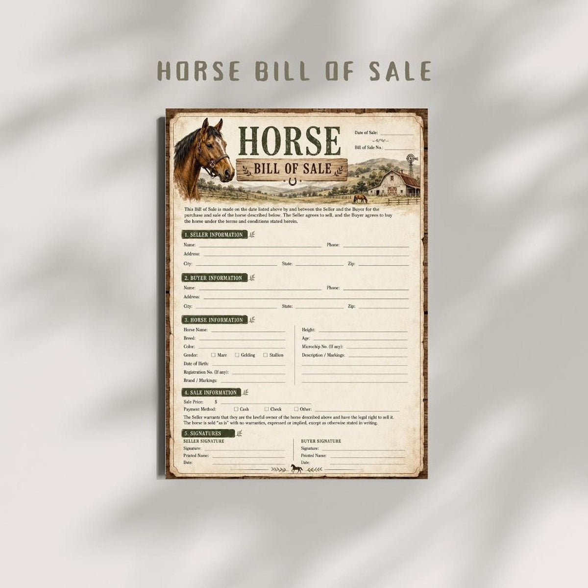Horse Bill of Sales, A4 PDF Farm Form in Rustic Farmhouse Design