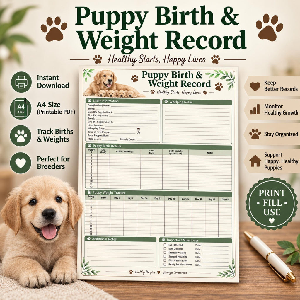 Puppy Whelping Log, Birth And Weight Tracker Printable A4 PDF
