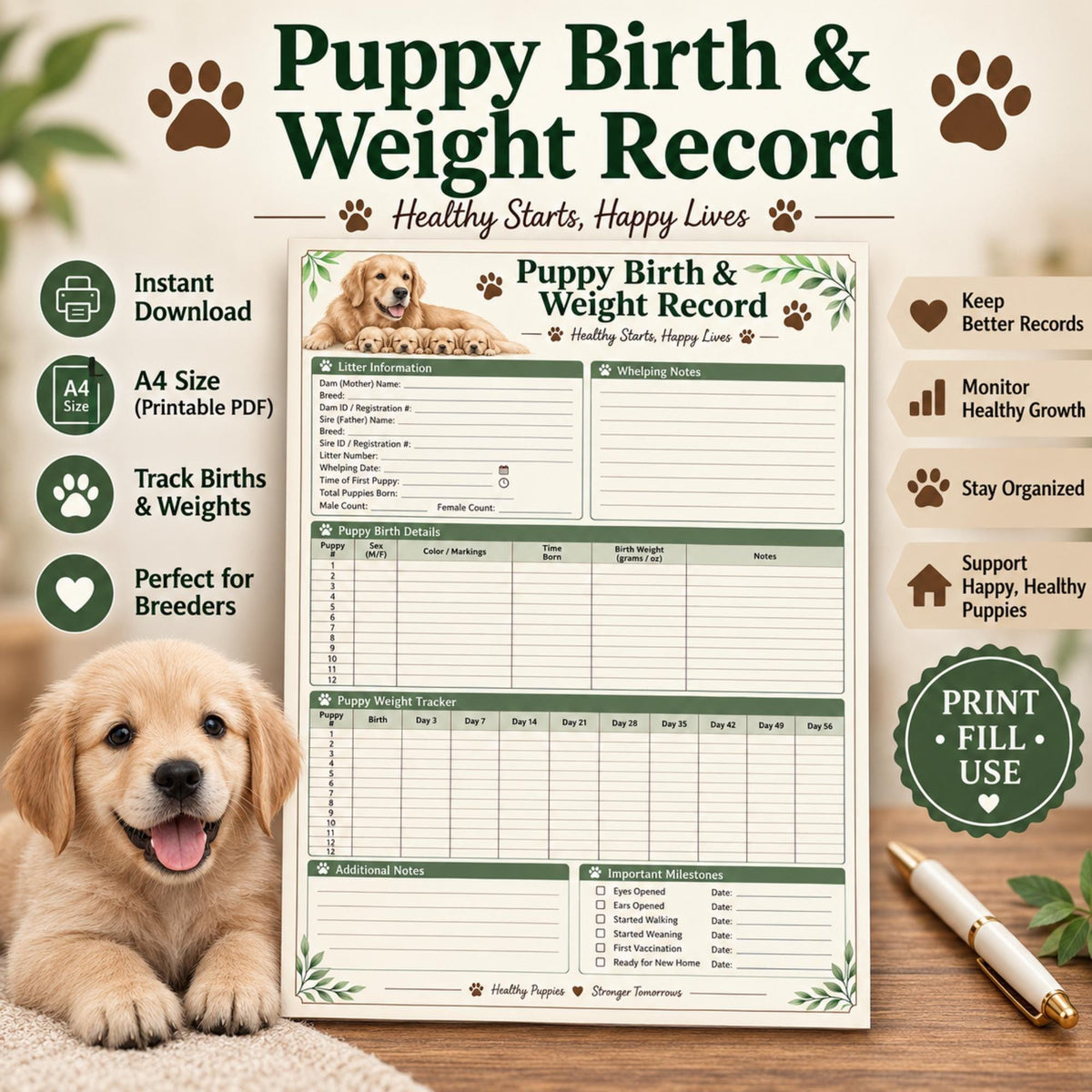Puppy Whelping Log, Birth And Weight Tracker Printable A4 PDF