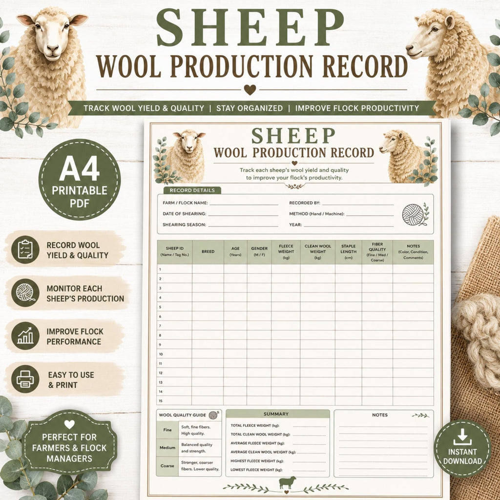 Wool Record, A4 Sheep Printable PDF With Yield Tracker