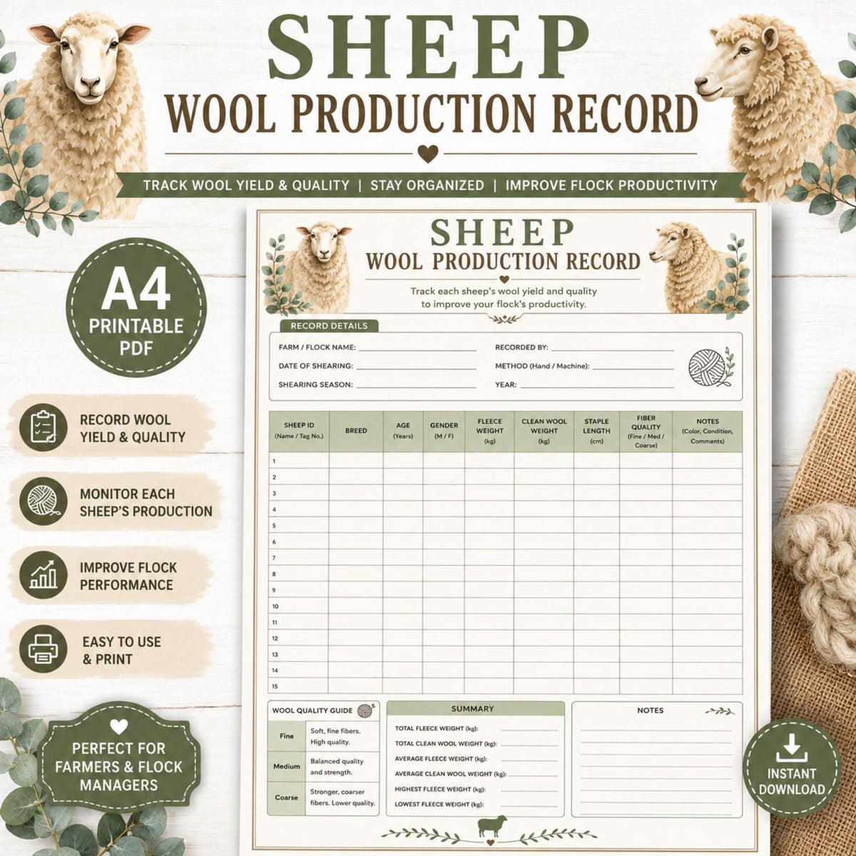Wool Record, A4 Sheep Printable PDF With Yield Tracker