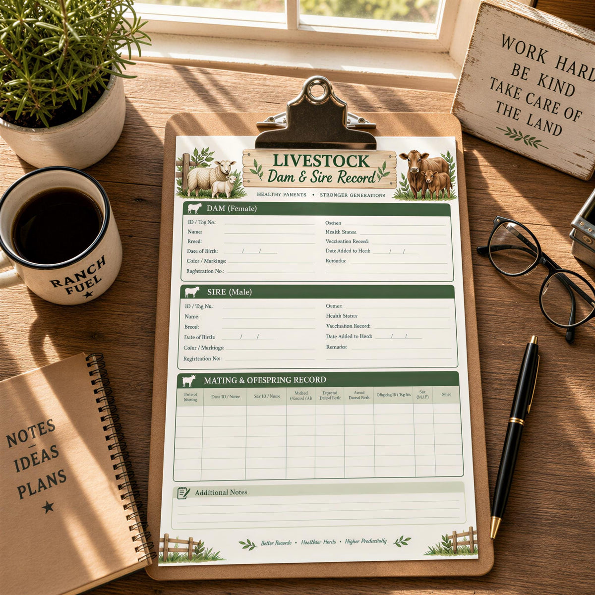 Livestock Dam & Sire Record Printable | Breeding Tracker (PDF)