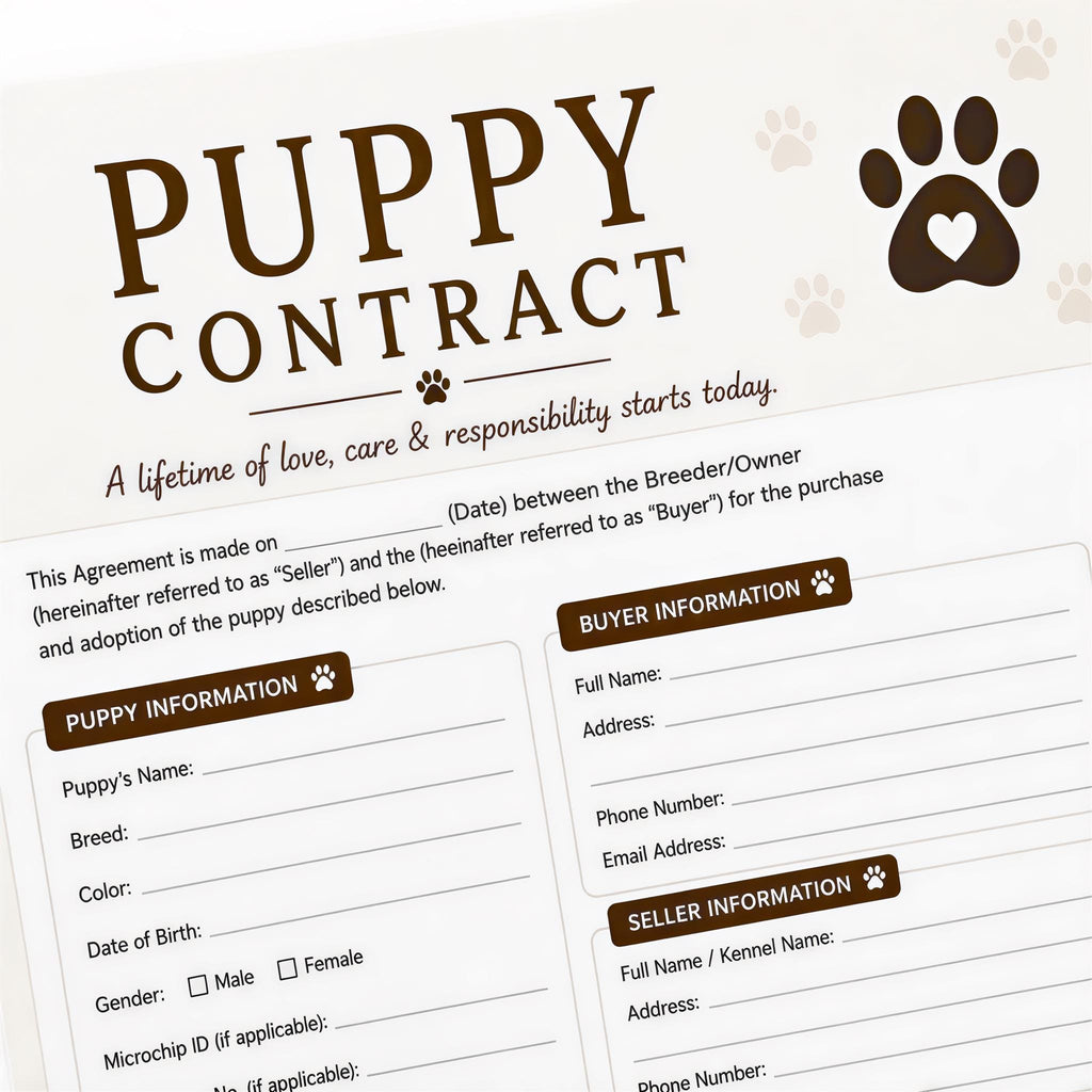 Puppy Contract, Editable Breeder Agreement | PDF | A4 - Printable Template For Sellers, Owners