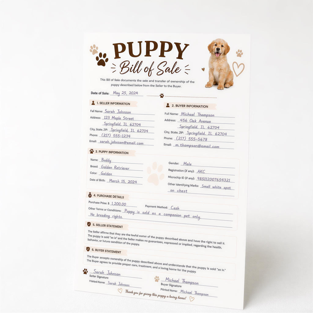 Puppy Bill of Sale Form - A4PDF Document for Breeders and Sellers