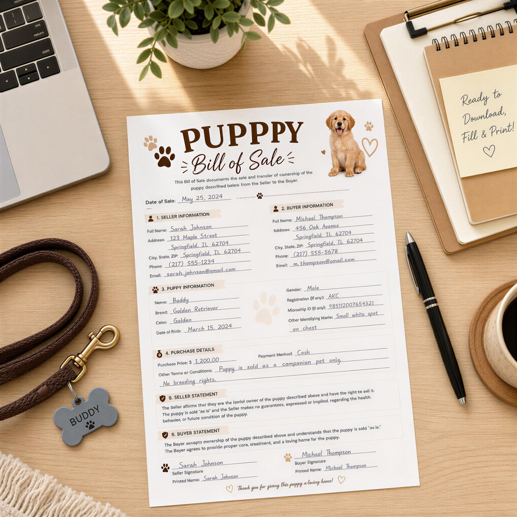 Puppy Bill of Sale Form - A4PDF Document for Breeders and Sellers