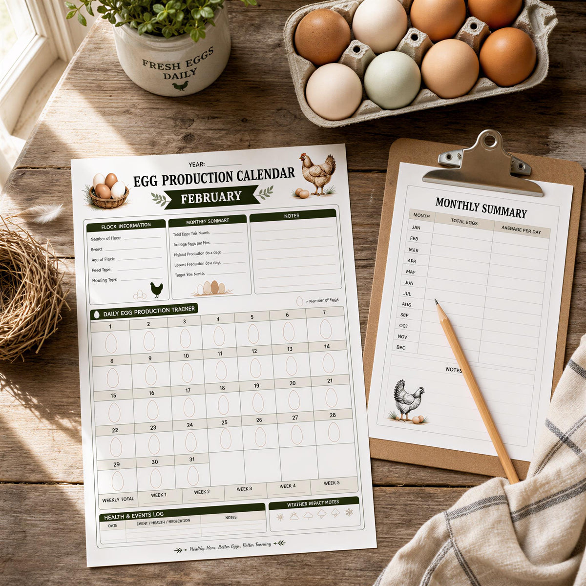 Chicken Egg Production Log | 12-Month Flock Planner, Poultry Record Book (PDF)